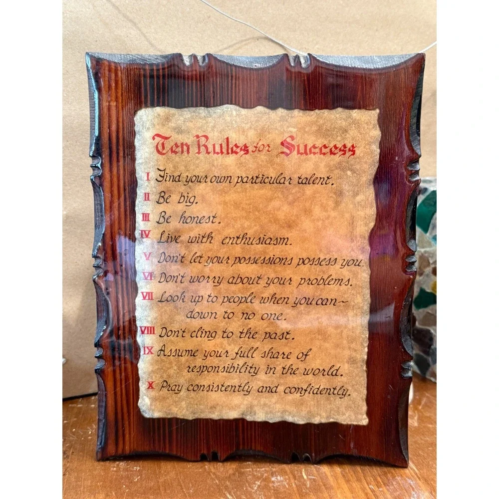 Vintage 1977 Ten Rules for Success Wood Plaque Decoupage Wall Art 9x7